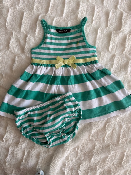 Nautica Other - Nautica Green & White Striped Baby Dress with Yellow Bow and Matching Bloomers